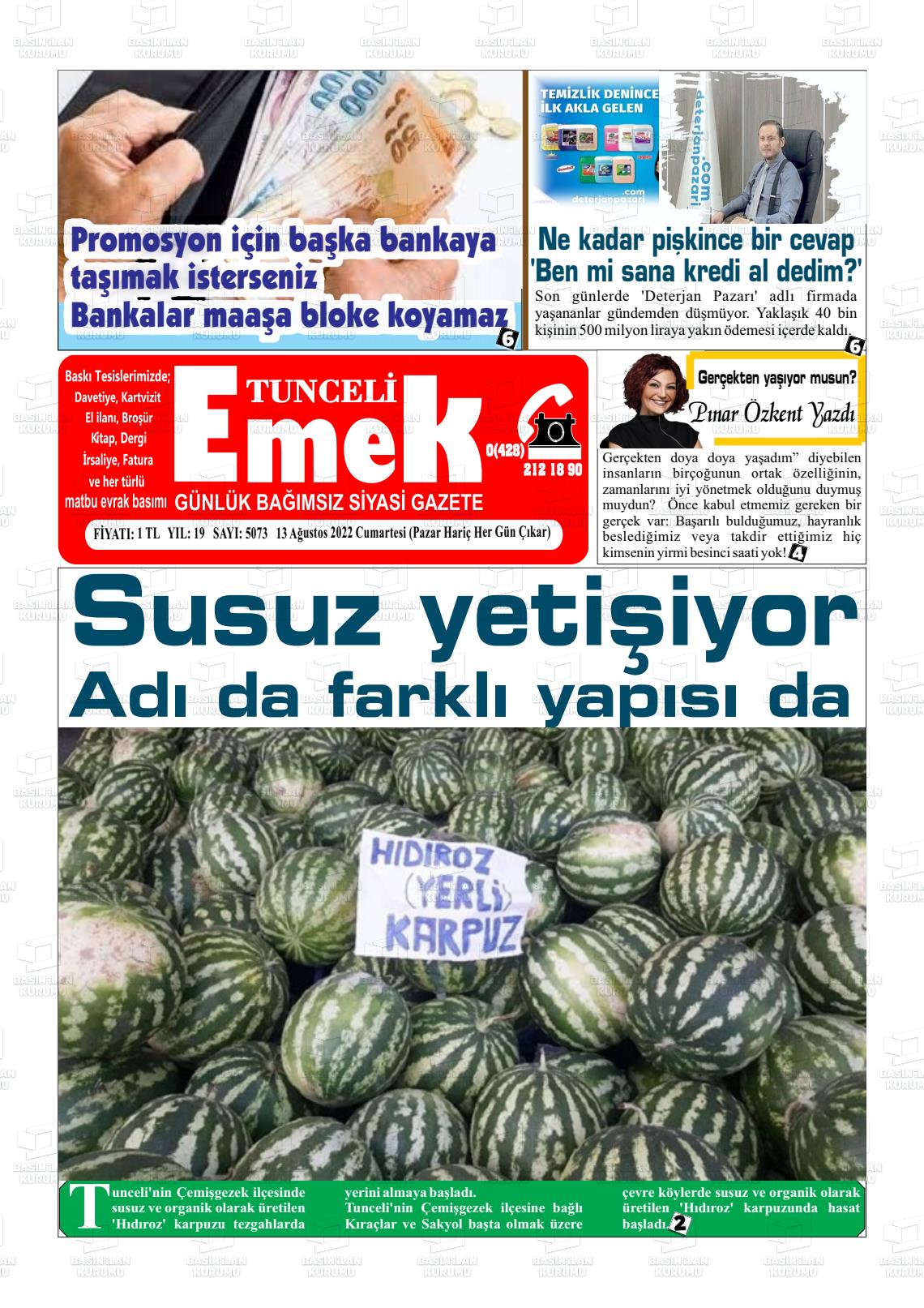 13 Ağustos 2022 Tunceli Emek Gazete Manşeti
