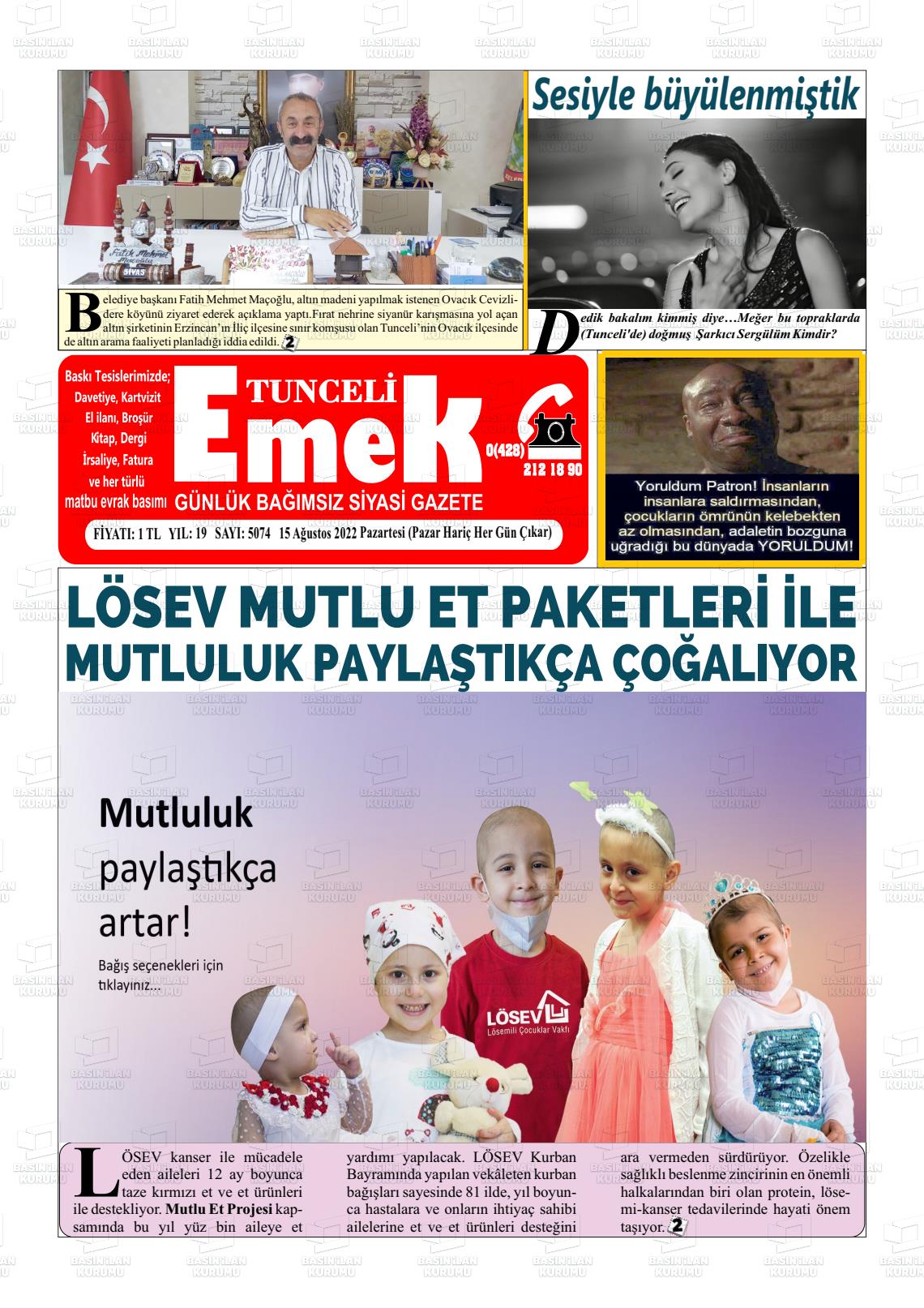 15 Ağustos 2022 Tunceli Emek Gazete Manşeti