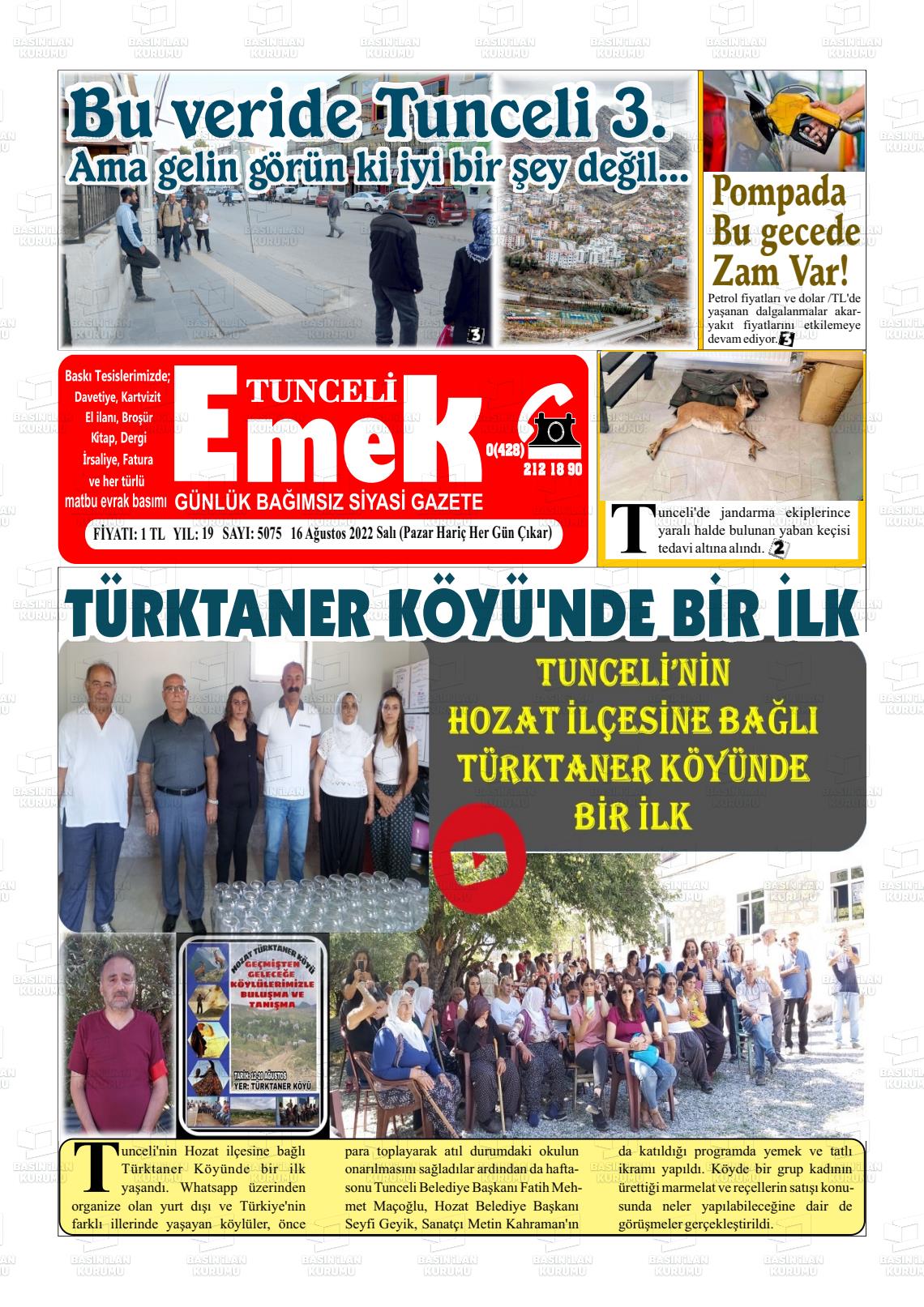 16 Ağustos 2022 Tunceli Emek Gazete Manşeti