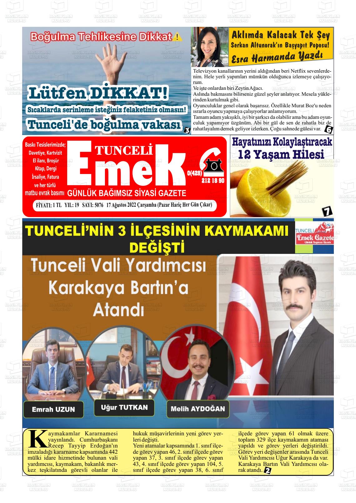 17 Ağustos 2022 Tunceli Emek Gazete Manşeti