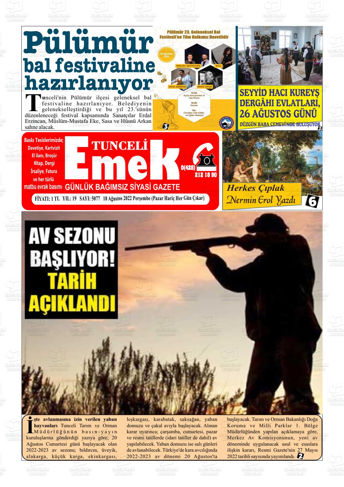 18 Ağustos 2022 Tunceli Emek Gazete Manşeti