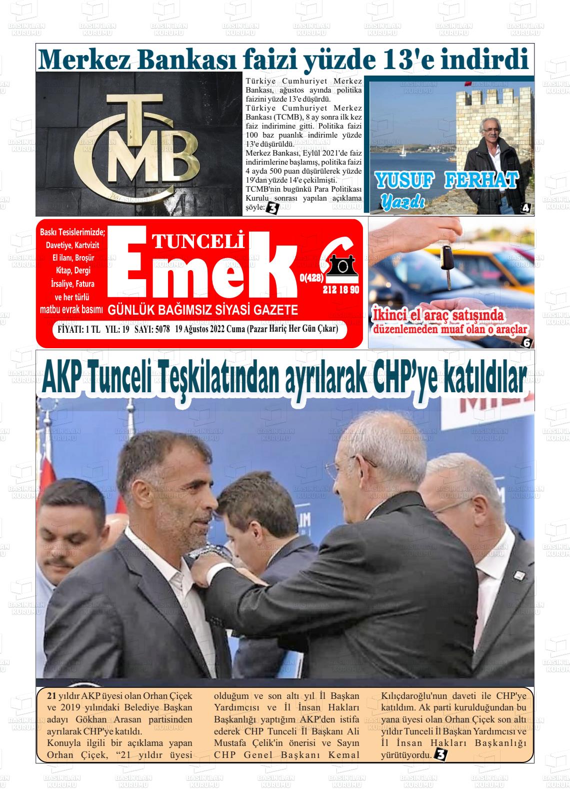 Tunceli Emek Gazete Manşeti