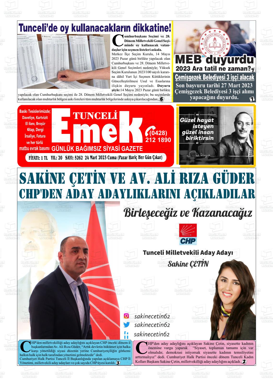 24 Mart 2023 Tunceli Emek Gazete Manşeti