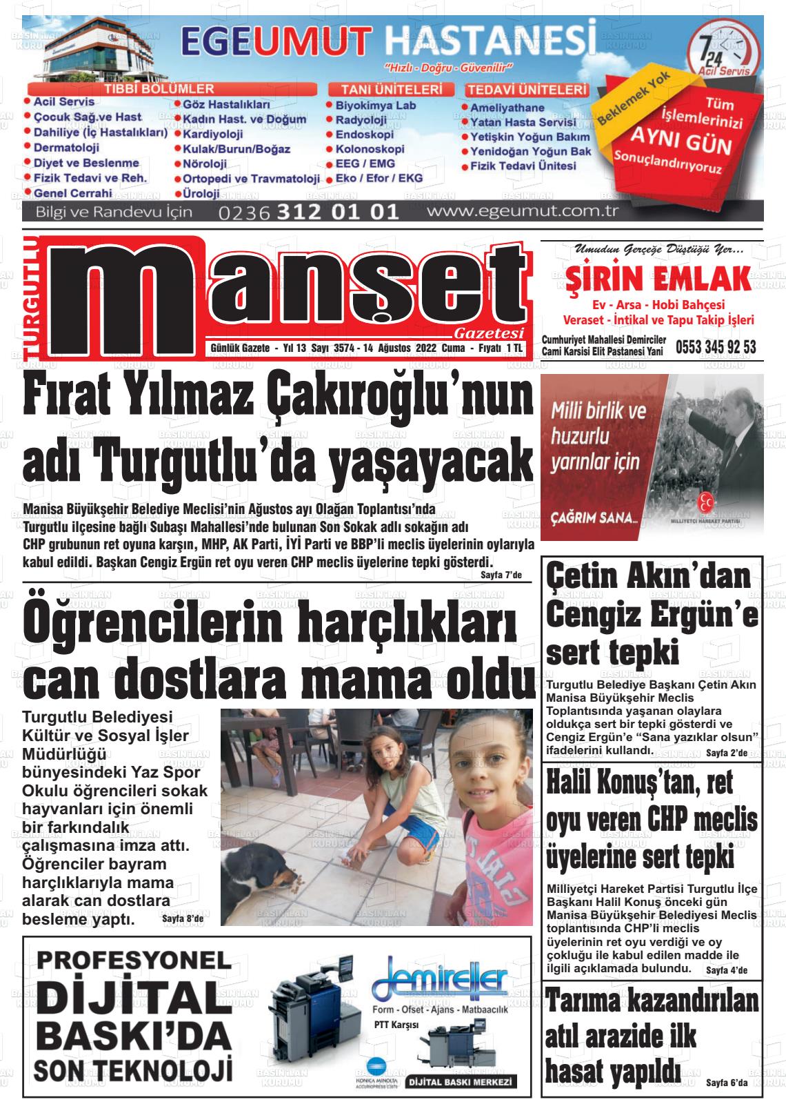 12 Ağustos 2022 Turgutlu Manşet Gazete Manşeti