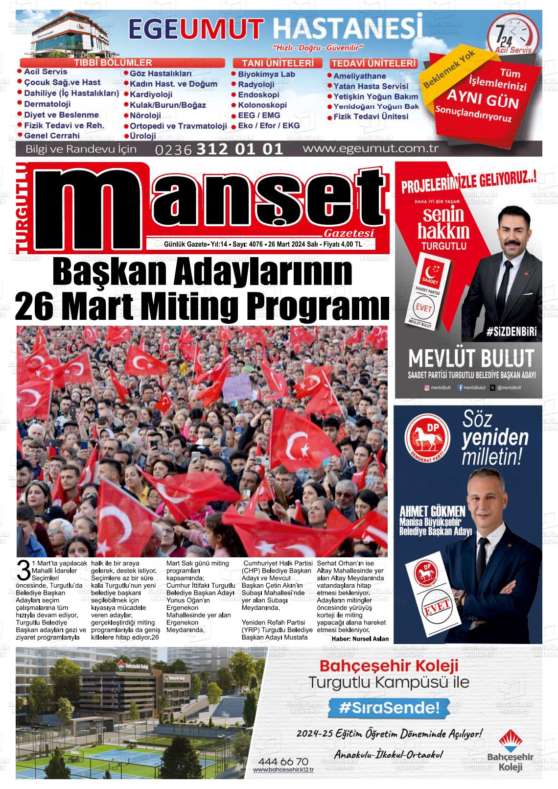 26 Mart 2024 Turgutlu Manşet Gazete Manşeti