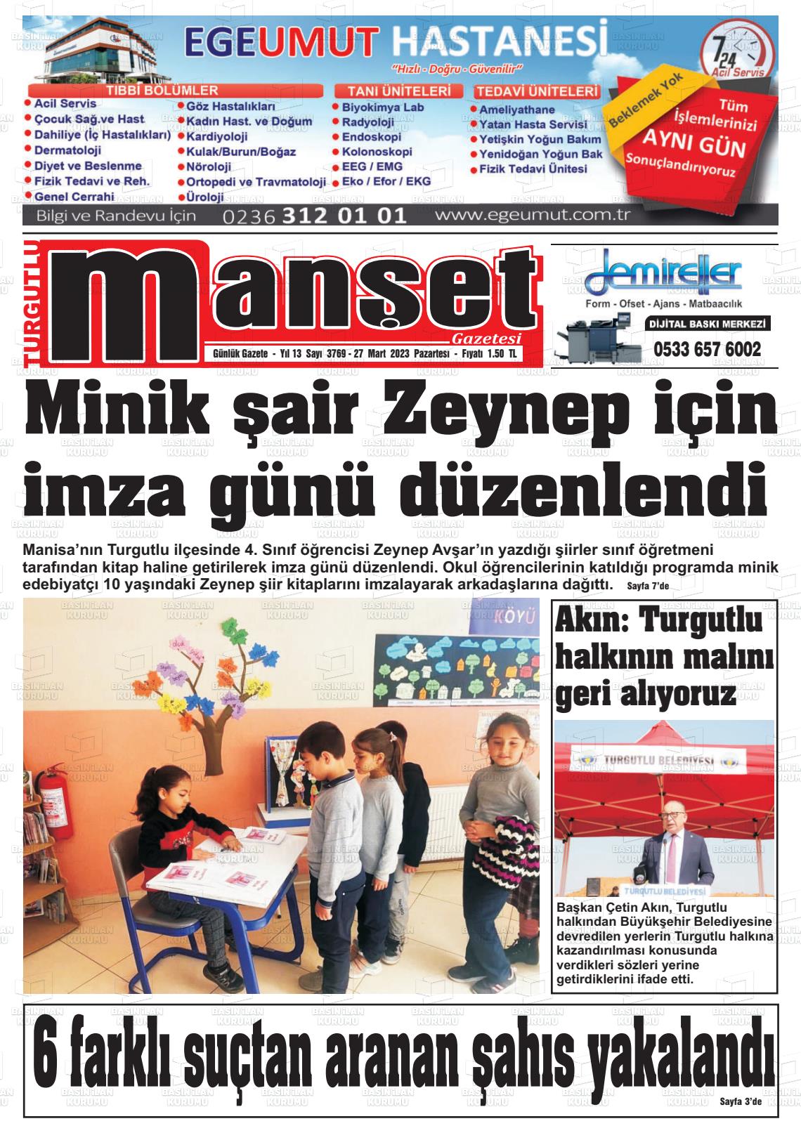 27 Mart 2023 Turgutlu Manşet Gazete Manşeti