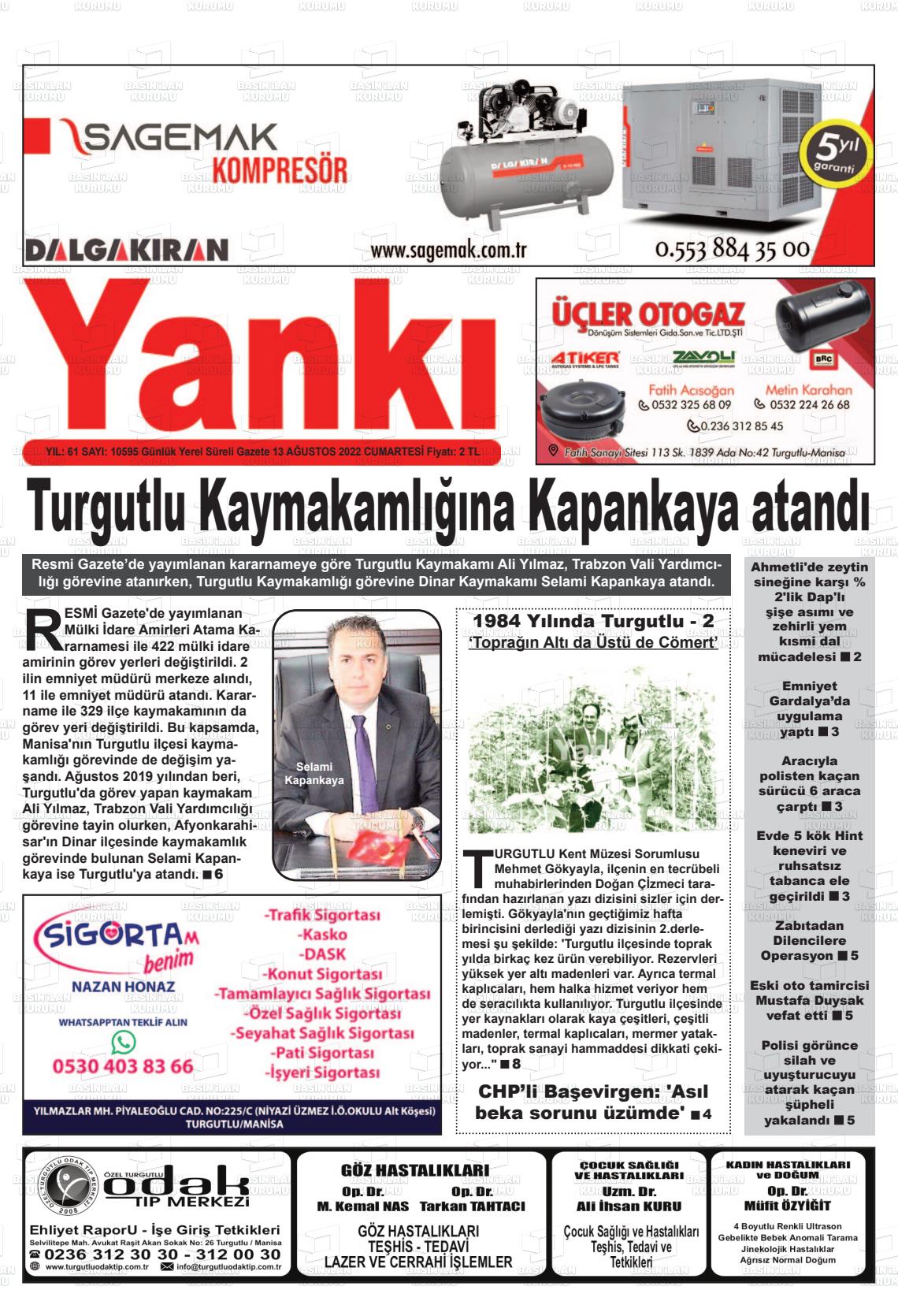 13 Ağustos 2022 Turgutlu Yankı Gazete Manşeti