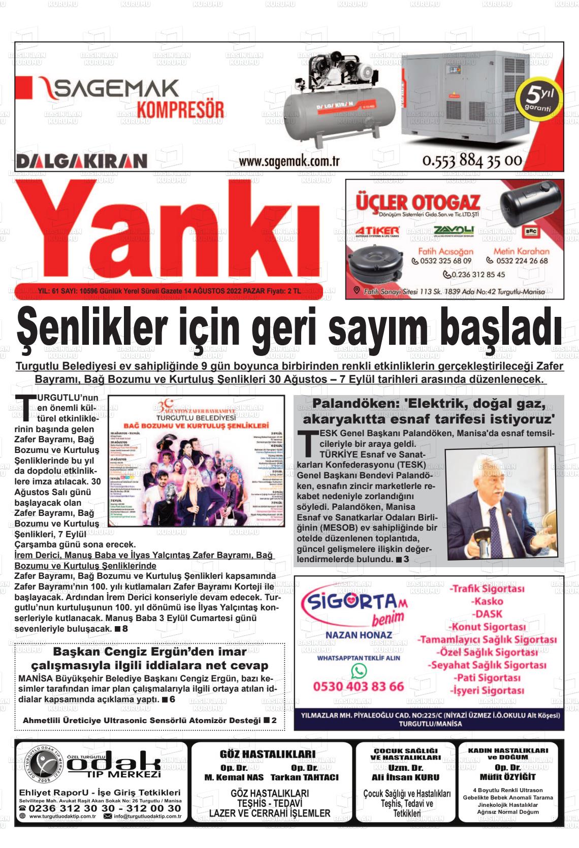 14 Ağustos 2022 Turgutlu Yankı Gazete Manşeti
