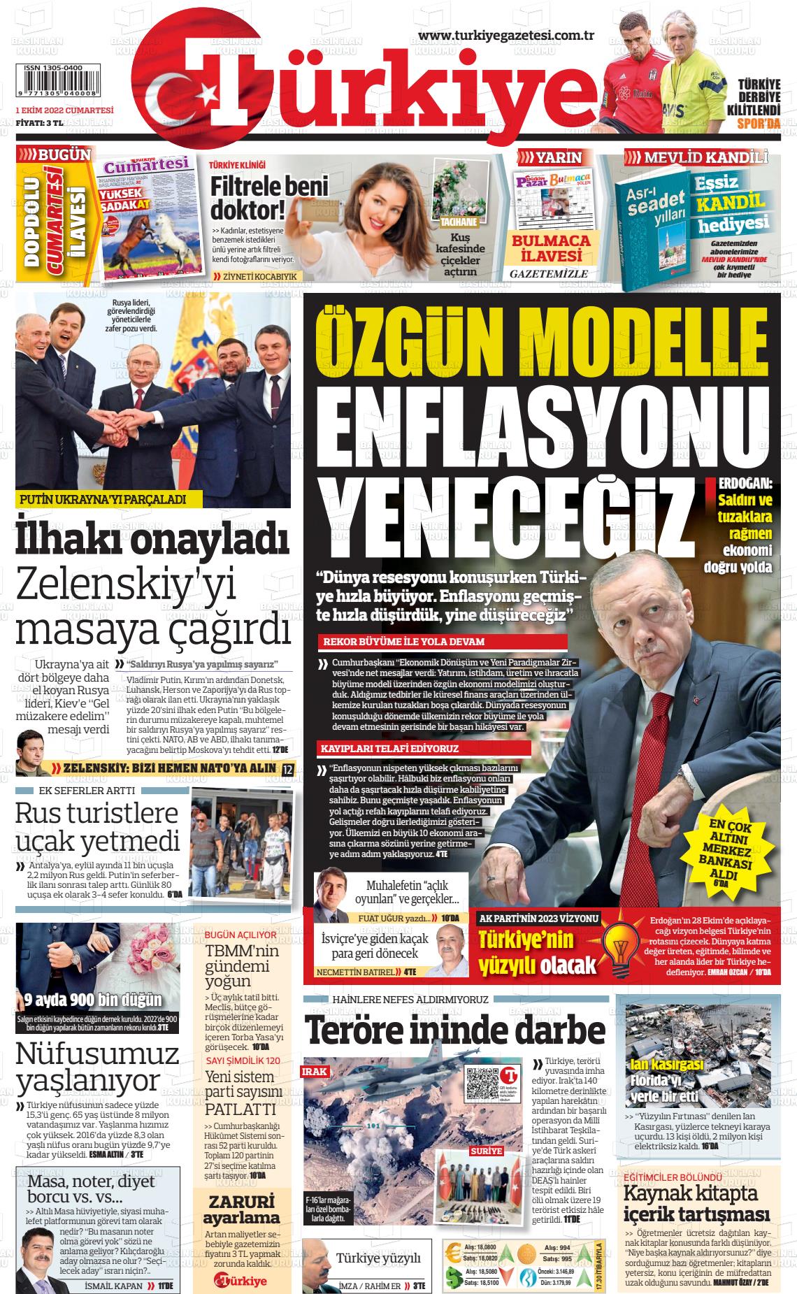 01 Ekim 2022 Türkiye Gazete Manşeti