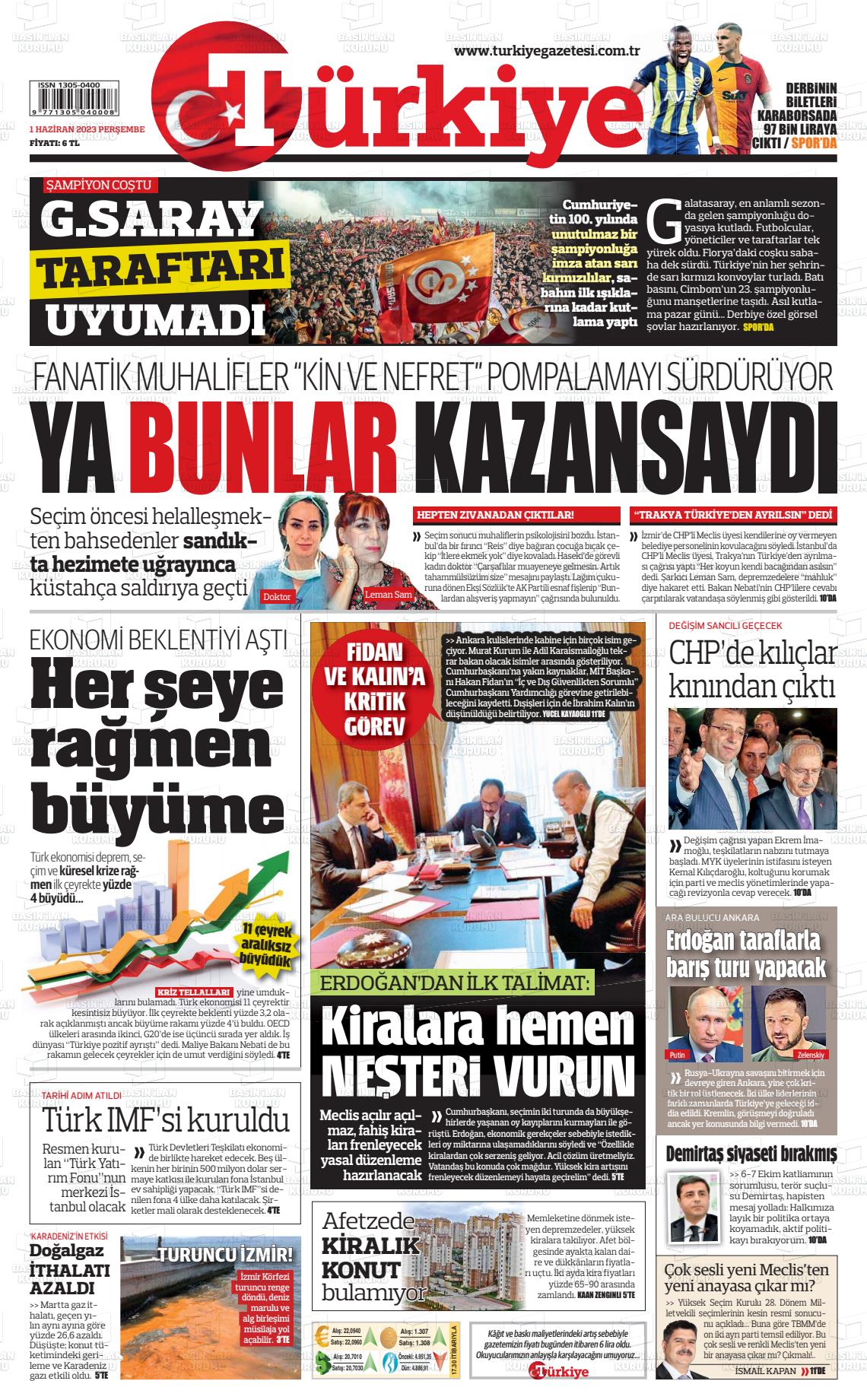 01 Haziran 2023 Türkiye Gazete Manşeti
