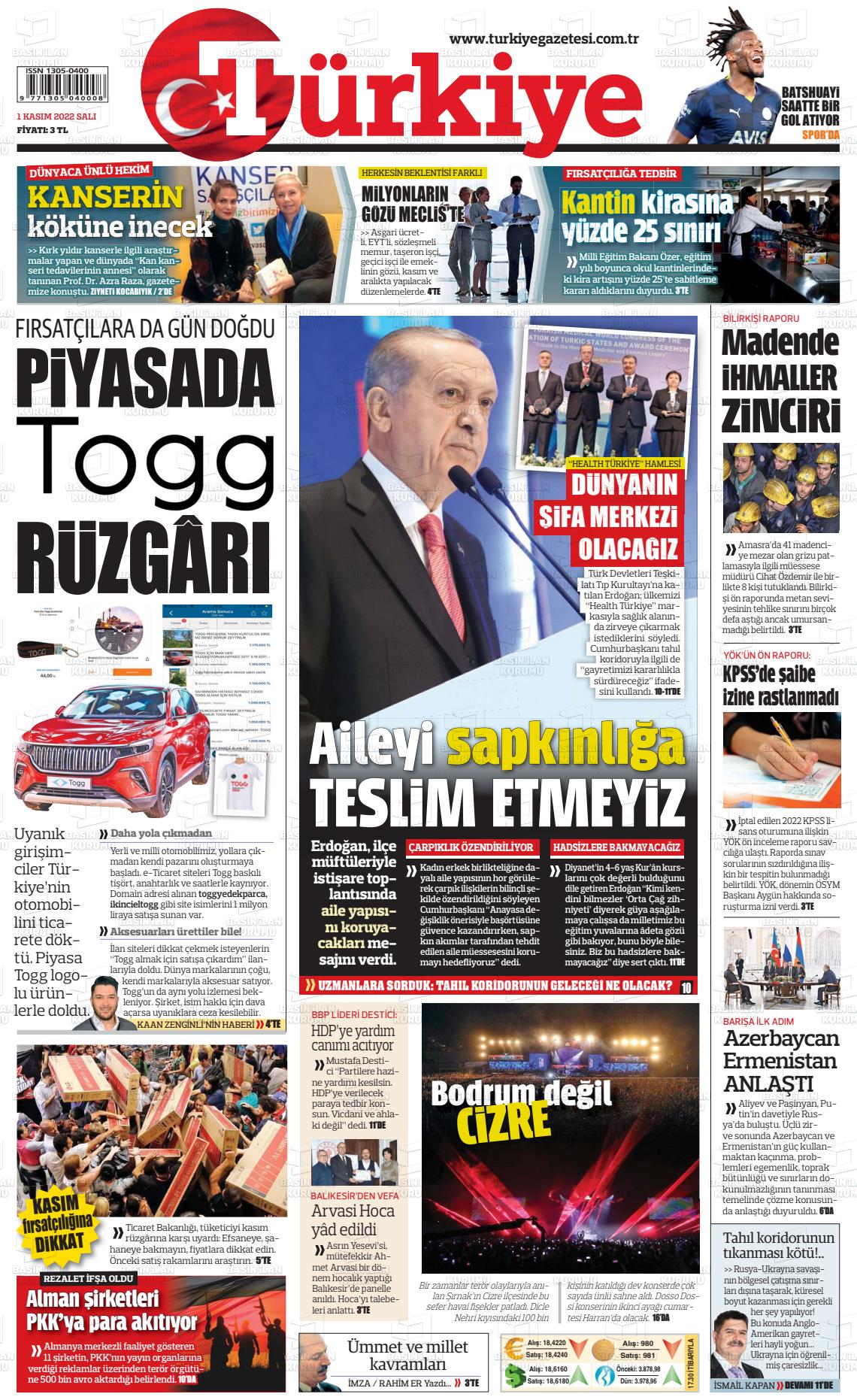 01 Kasım 2022 Türkiye Gazete Manşeti