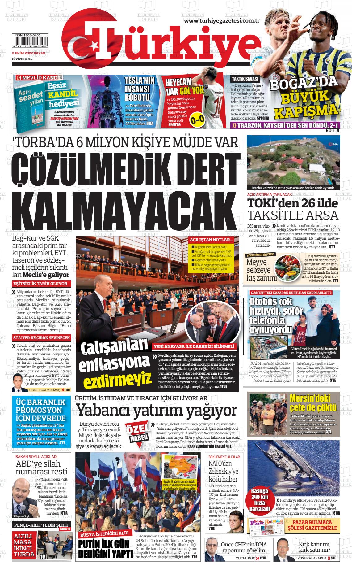 02 Ekim 2022 Türkiye Gazete Manşeti