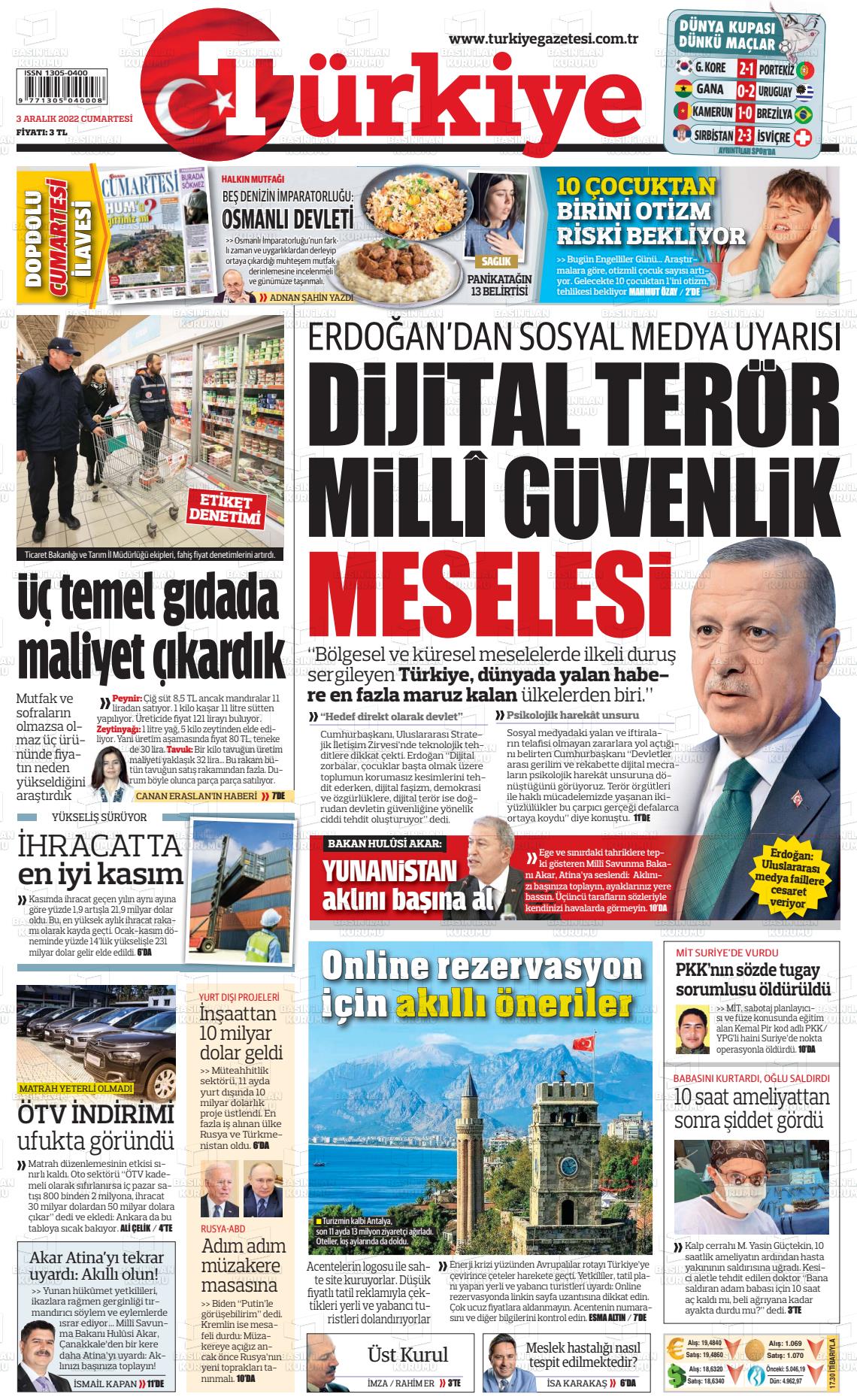 03 Aralık 2022 Türkiye Gazete Manşeti