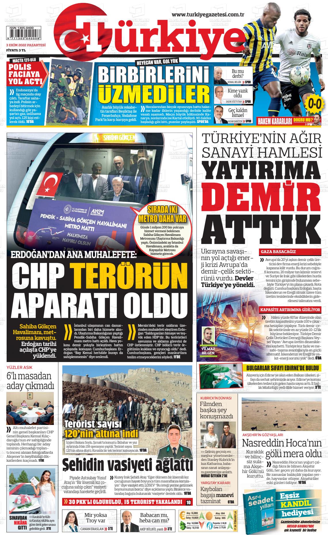 03 Ekim 2022 Türkiye Gazete Manşeti