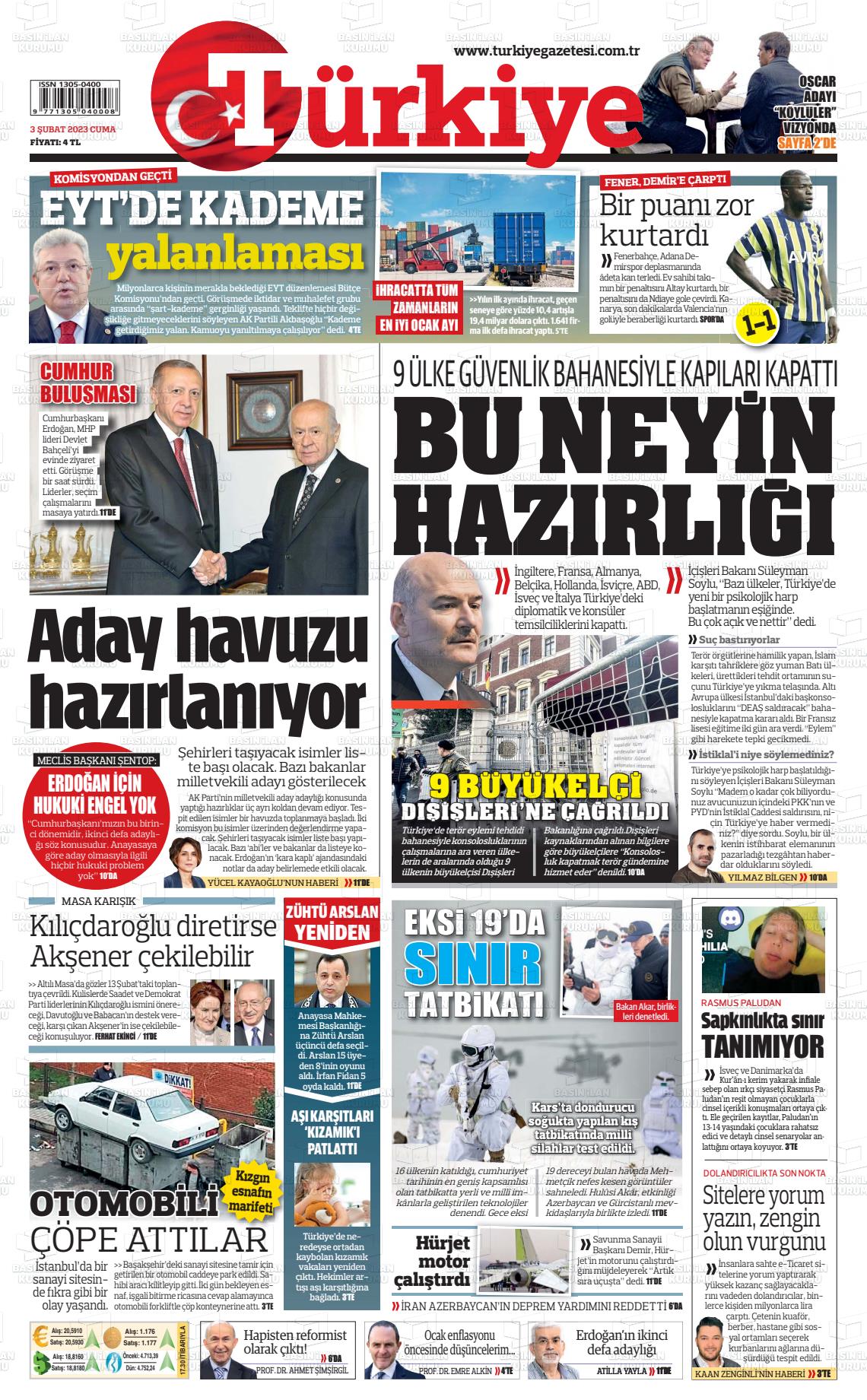 03 Şubat 2023 Türkiye Gazete Manşeti