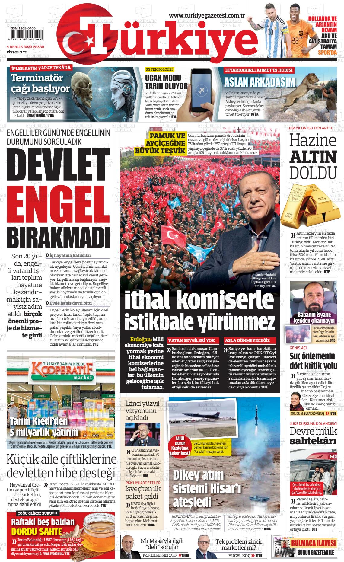 04 Aralık 2022 Türkiye Gazete Manşeti