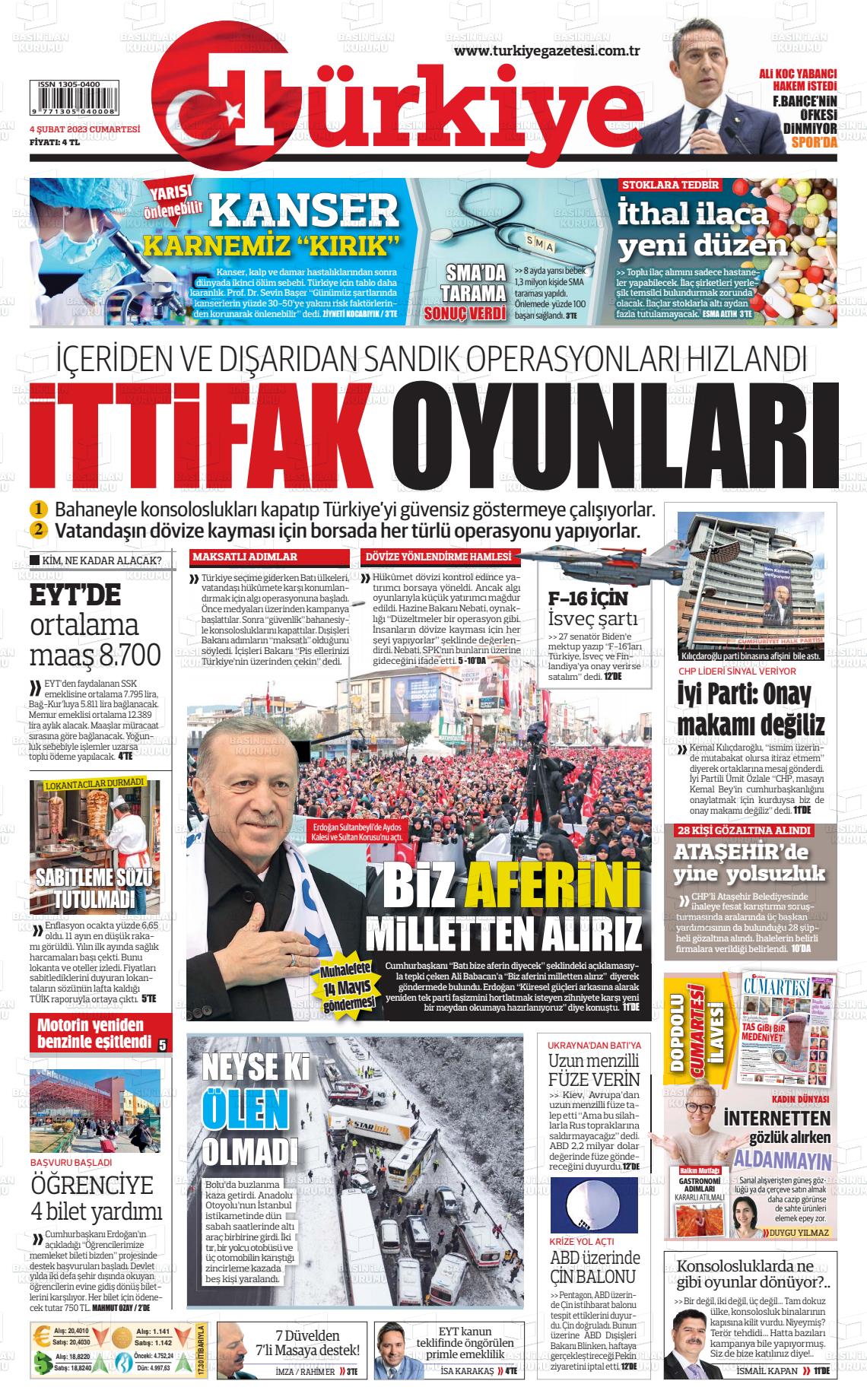 04 Şubat 2023 Türkiye Gazete Manşeti