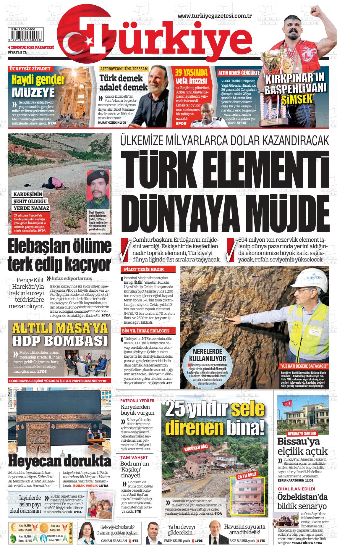 04 Temmuz 2022 Türkiye Gazete Manşeti