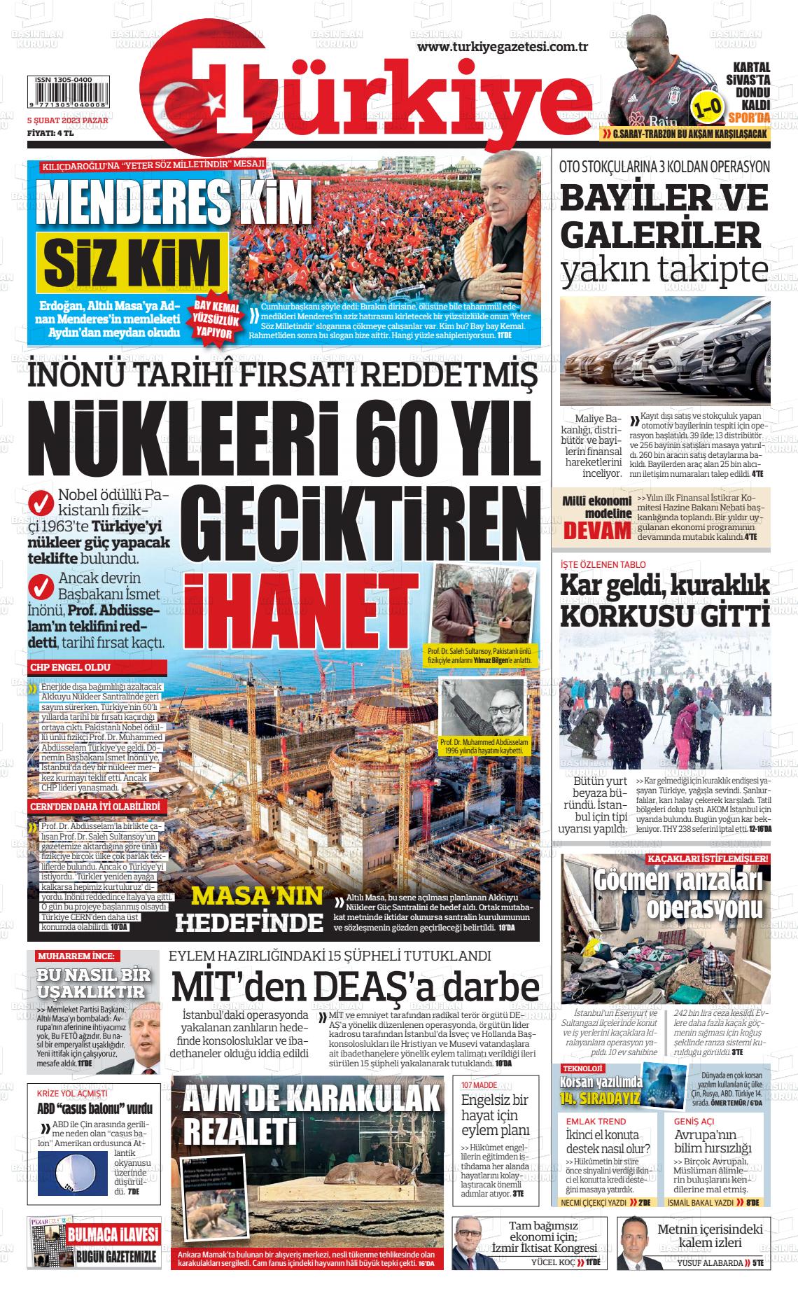 05 Şubat 2023 Türkiye Gazete Manşeti