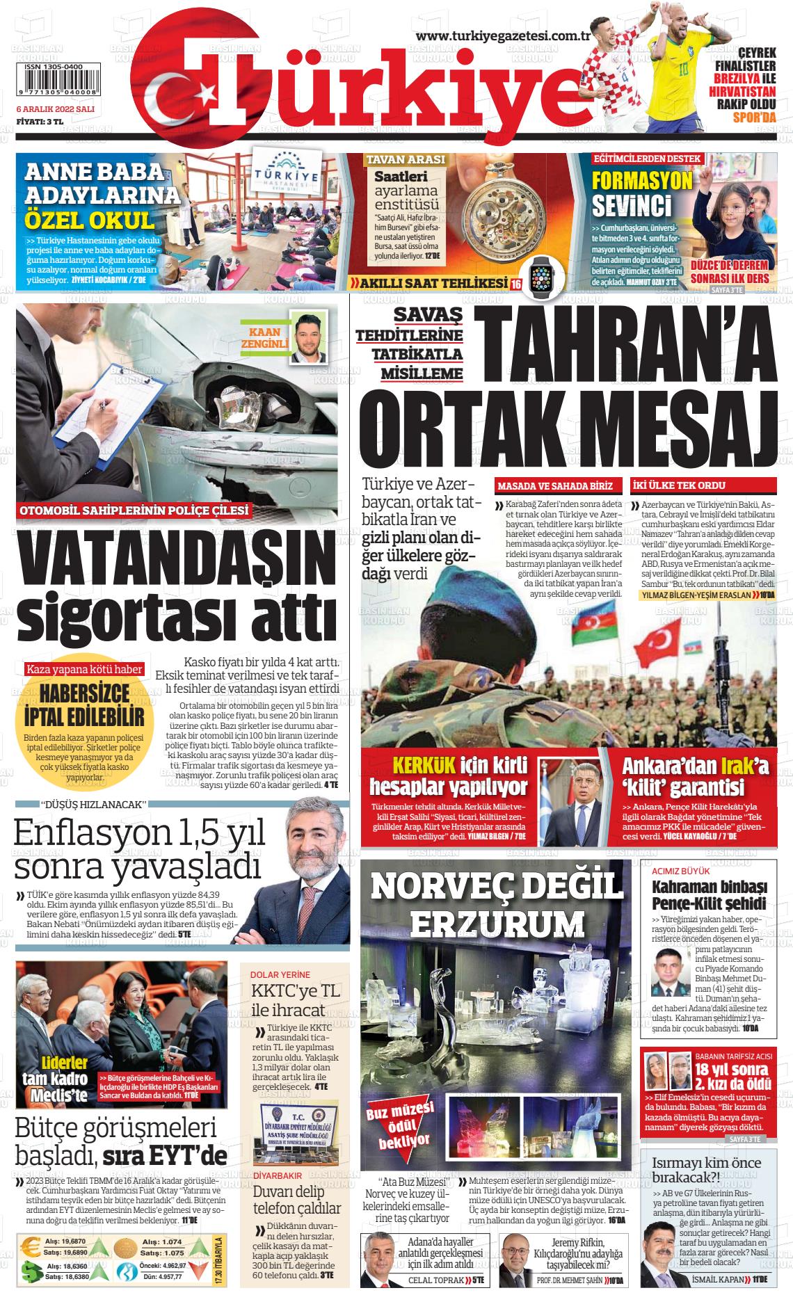 06 Aralık 2022 Türkiye Gazete Manşeti