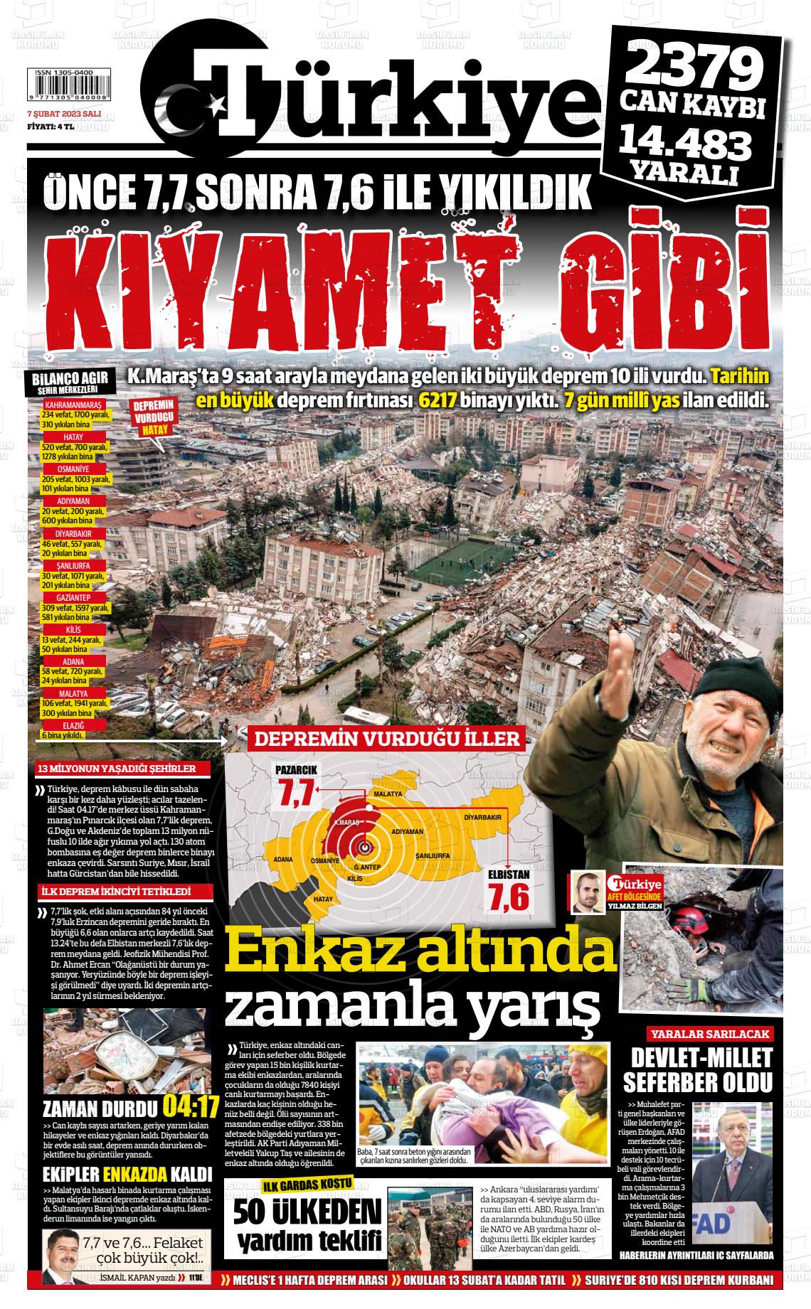 07 Şubat 2023 Türkiye Gazete Manşeti