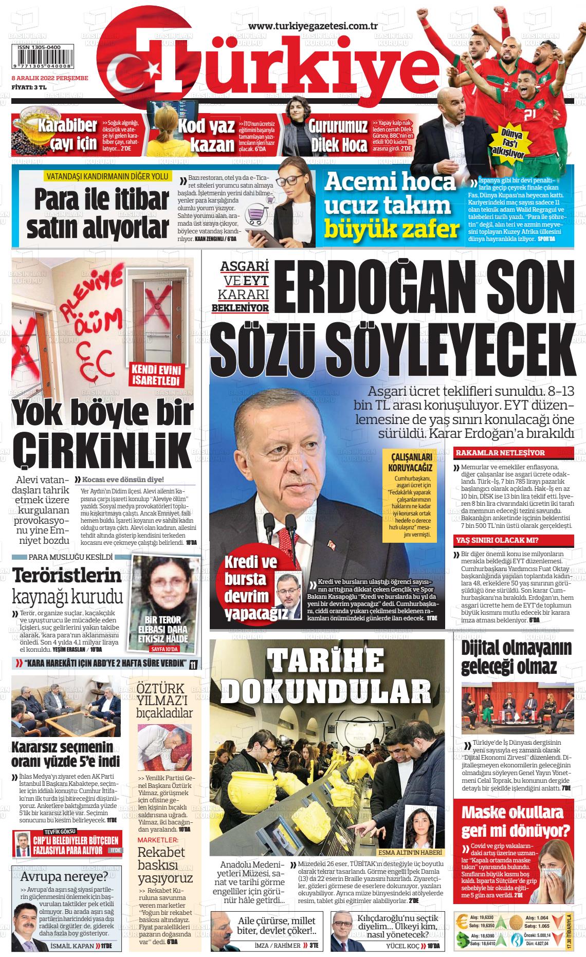 08 Aralık 2022 Türkiye Gazete Manşeti