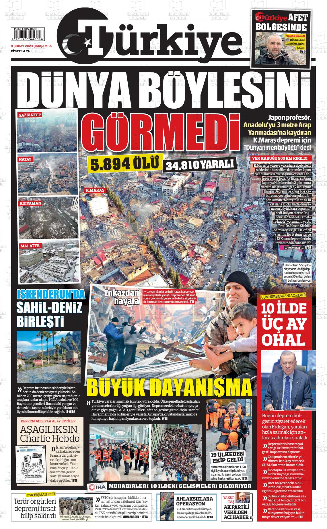 08 Şubat 2023 Türkiye Gazete Manşeti