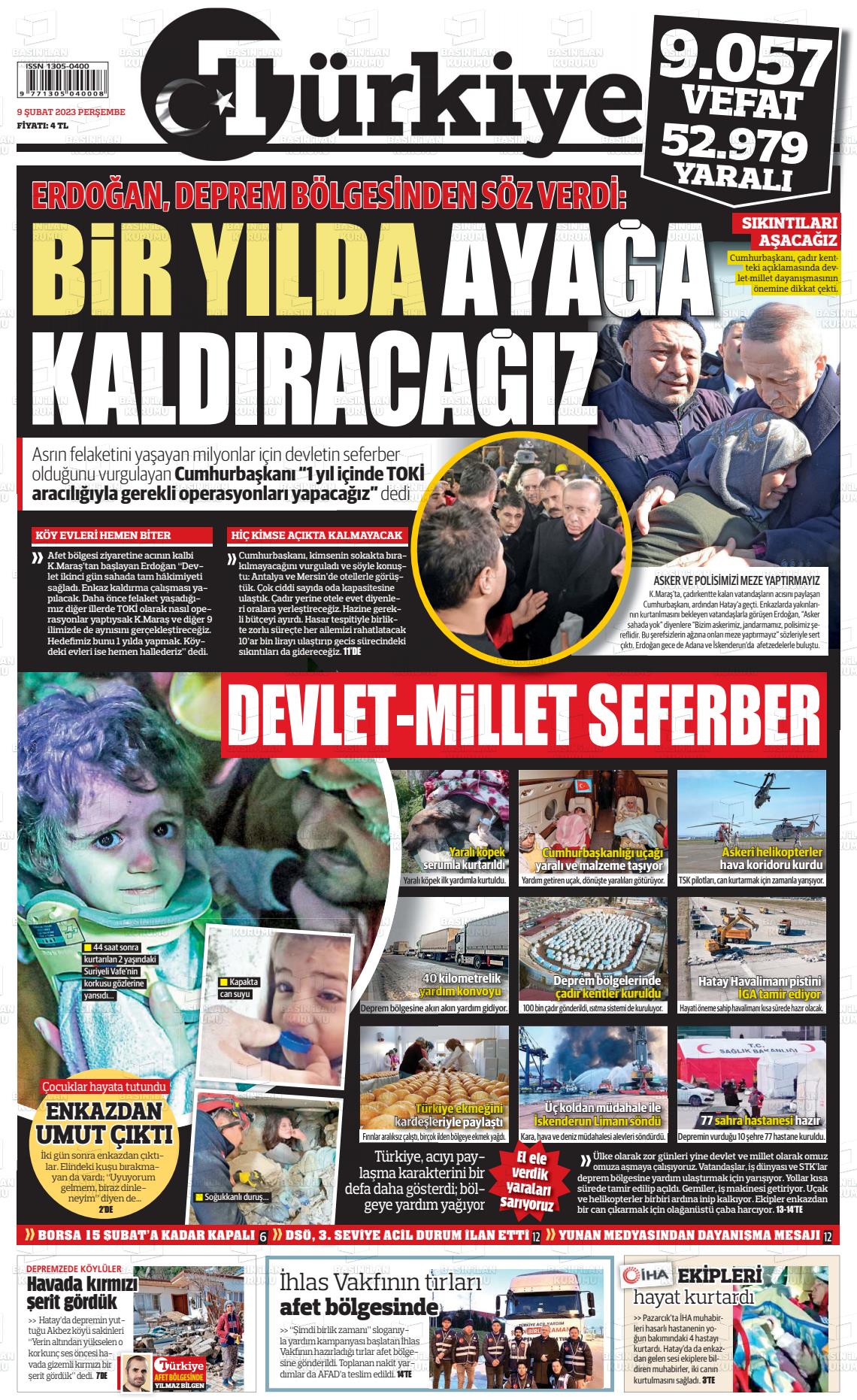 09 Şubat 2023 Türkiye Gazete Manşeti