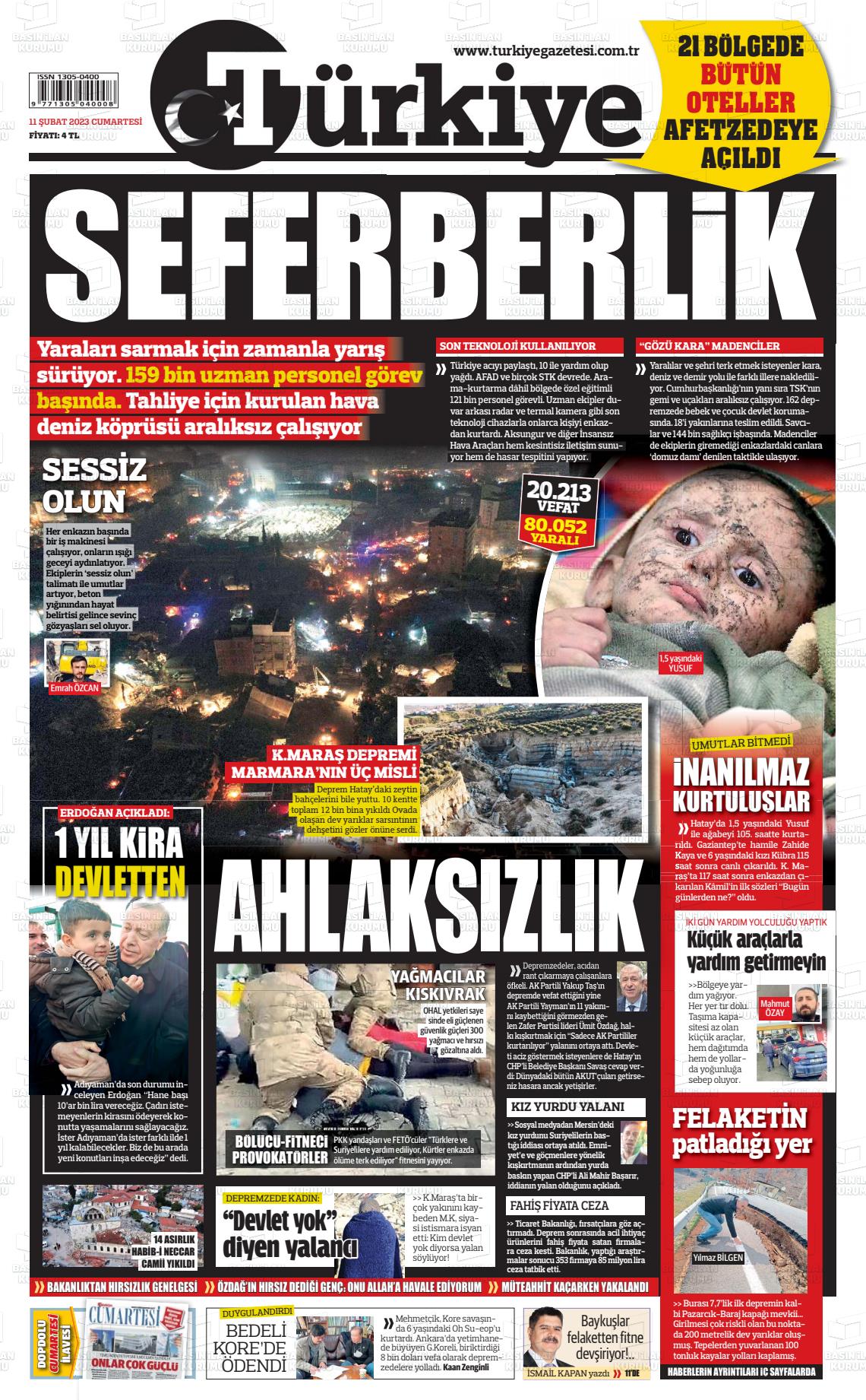 11 Şubat 2023 Türkiye Gazete Manşeti