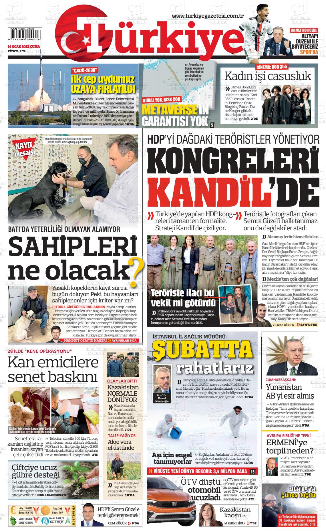 14 Ocak 2022 Türkiye Gazete Manşeti