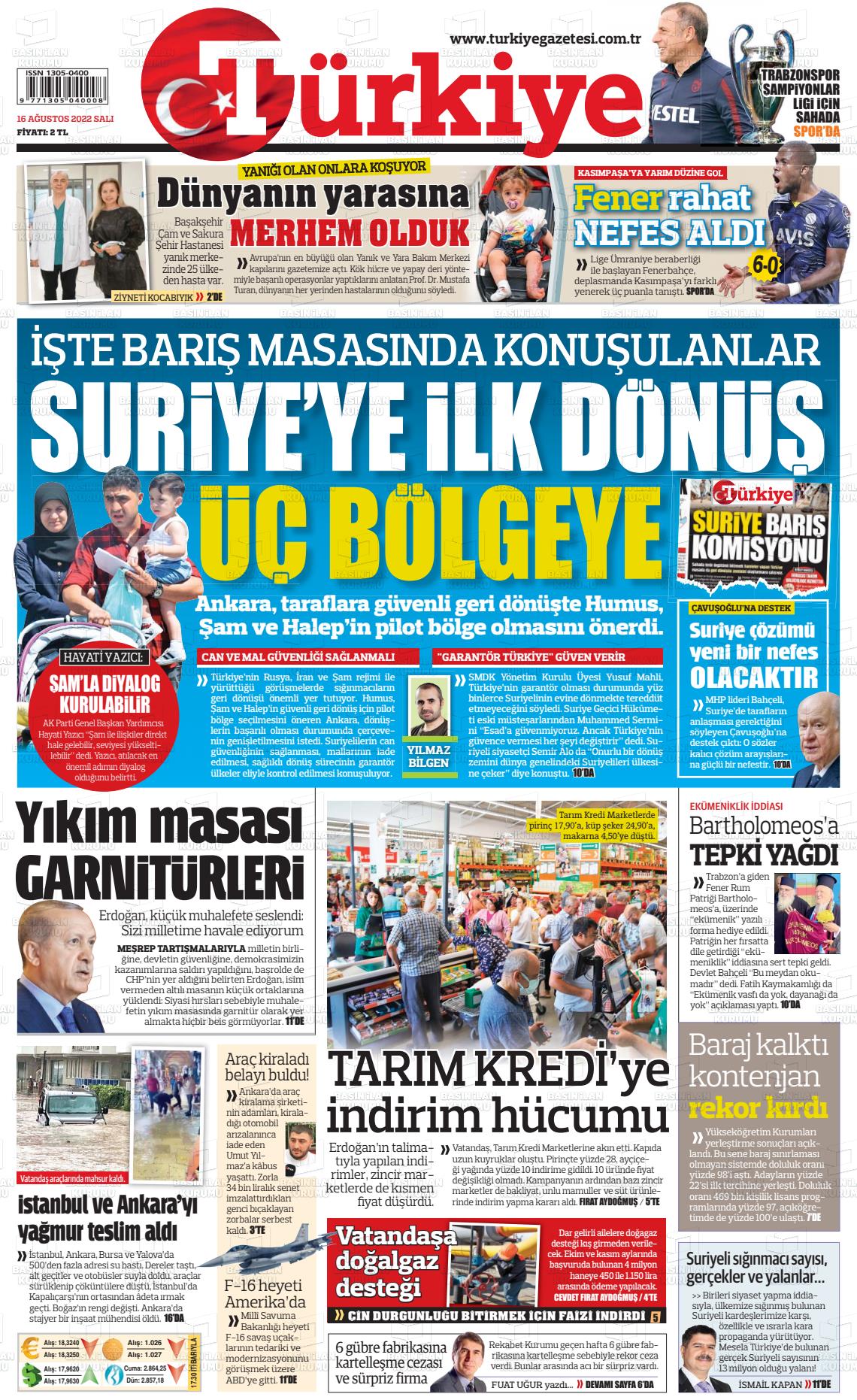 16 Ağustos 2022 Türkiye Gazete Manşeti