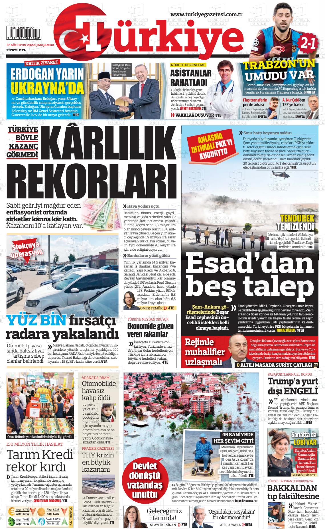 17 Ağustos 2022 Türkiye Gazete Manşeti