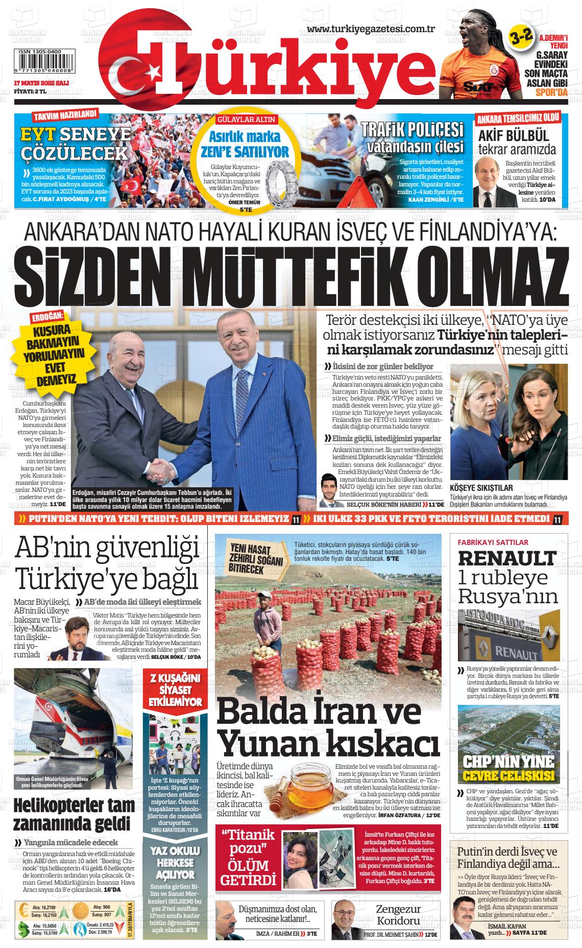 17 Mayıs 2022 Türkiye Gazete Manşeti