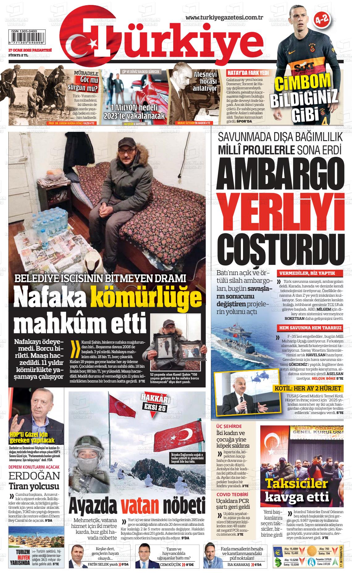 17 Ocak 2022 Türkiye Gazete Manşeti