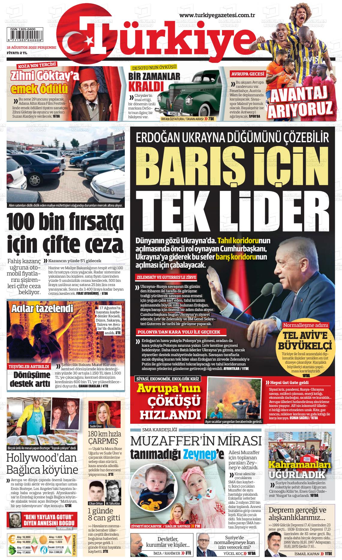 18 Ağustos 2022 Türkiye Gazete Manşeti