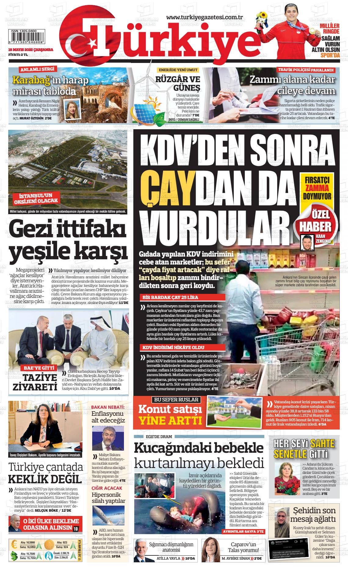 18 Mayıs 2022 Türkiye Gazete Manşeti