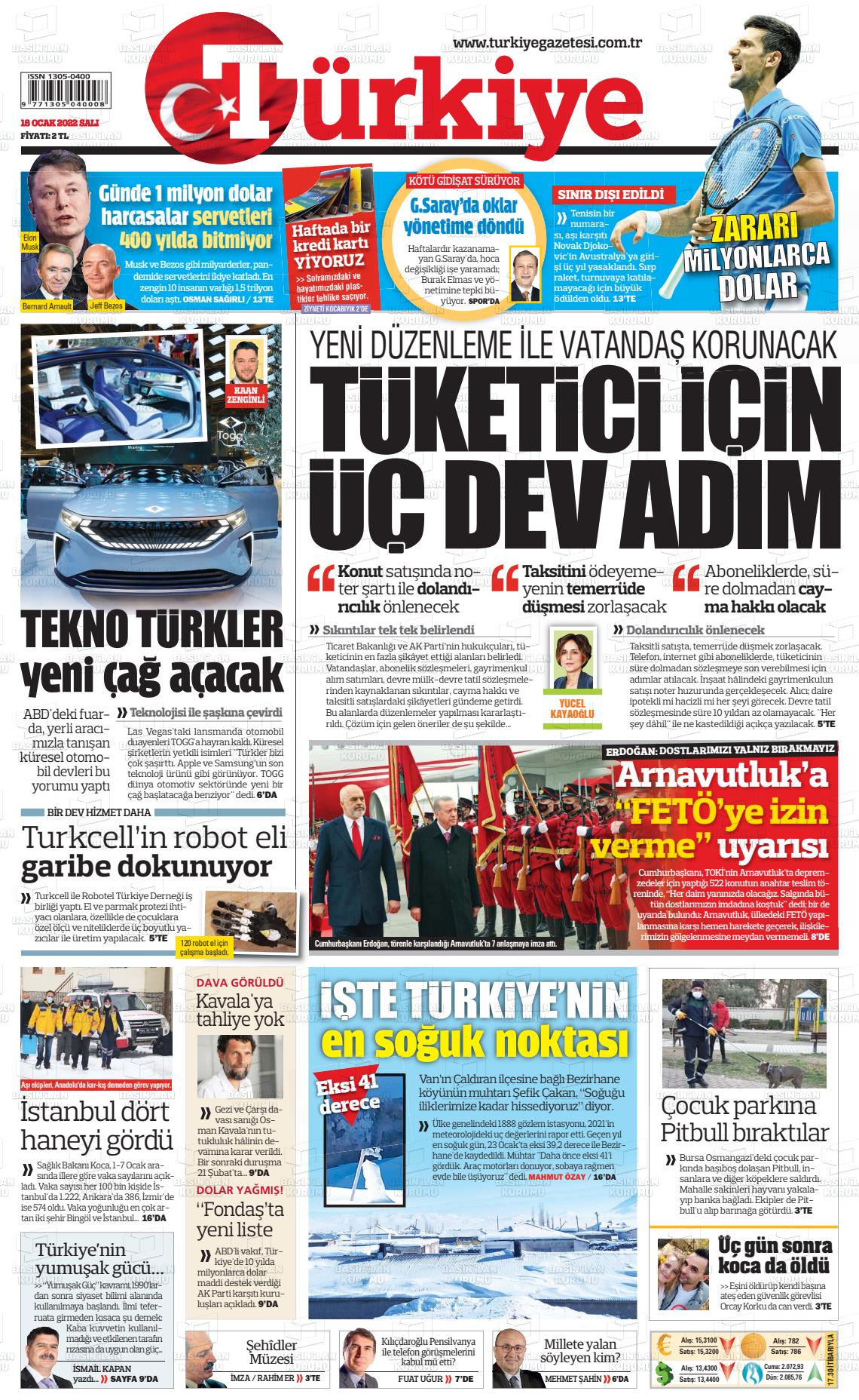18 Ocak 2022 Türkiye Gazete Manşeti