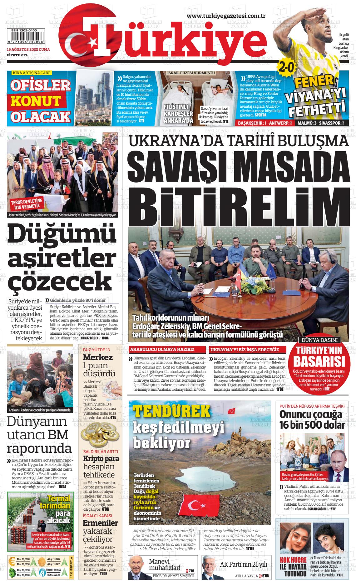 19 Ağustos 2022 Türkiye Gazete Manşeti