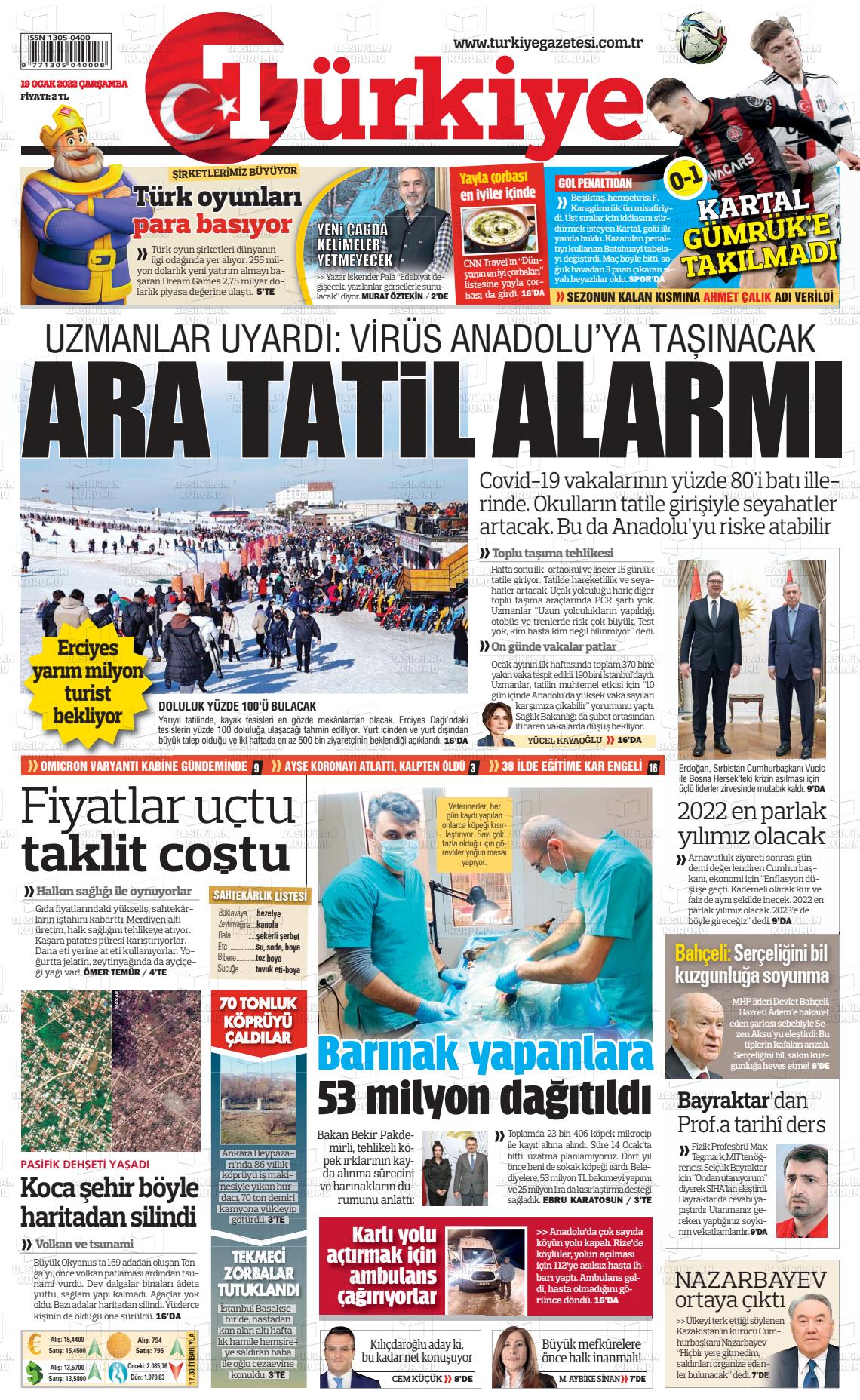 19 Ocak 2022 Türkiye Gazete Manşeti