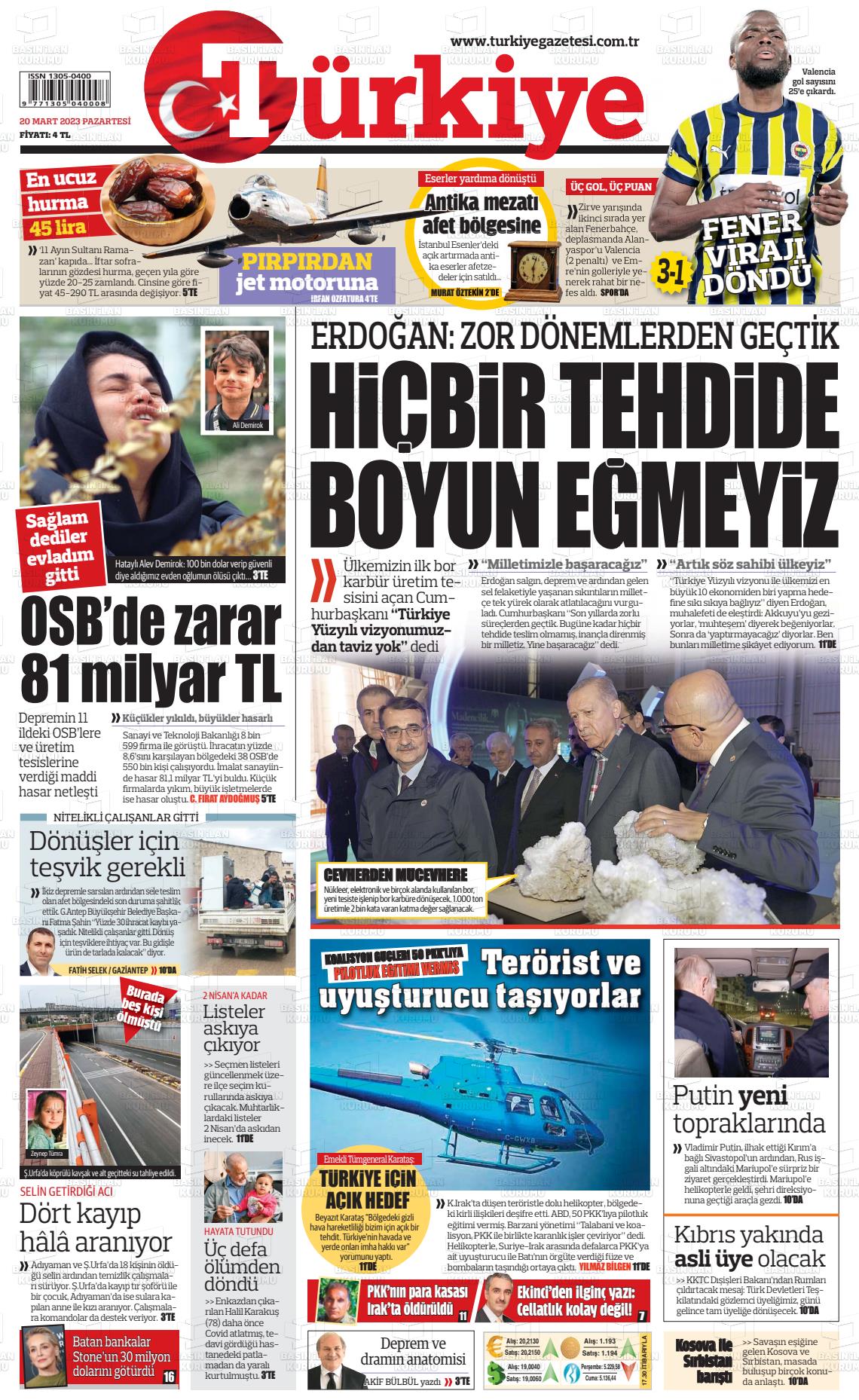 20 Mart 2023 Türkiye Gazete Manşeti
