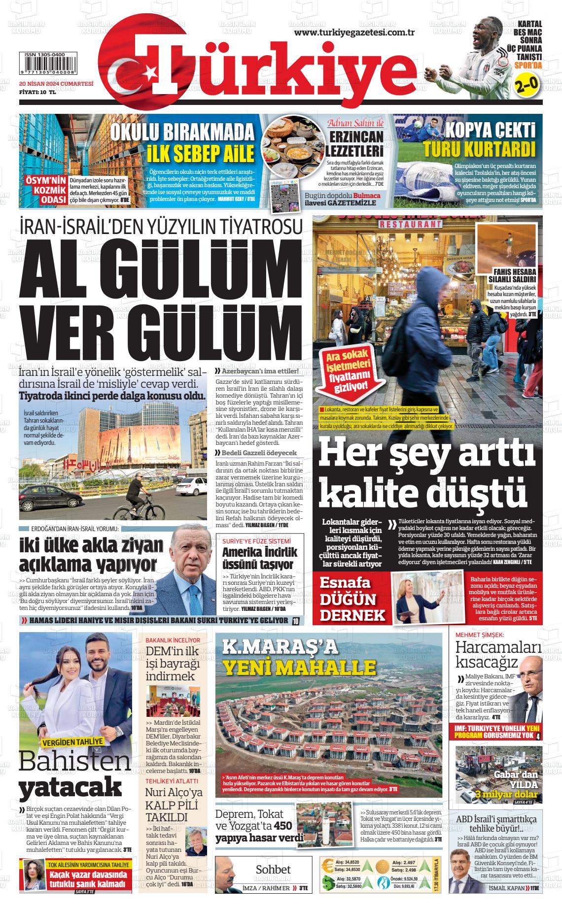 20 Nisan 2024 Türkiye Gazete Manşeti