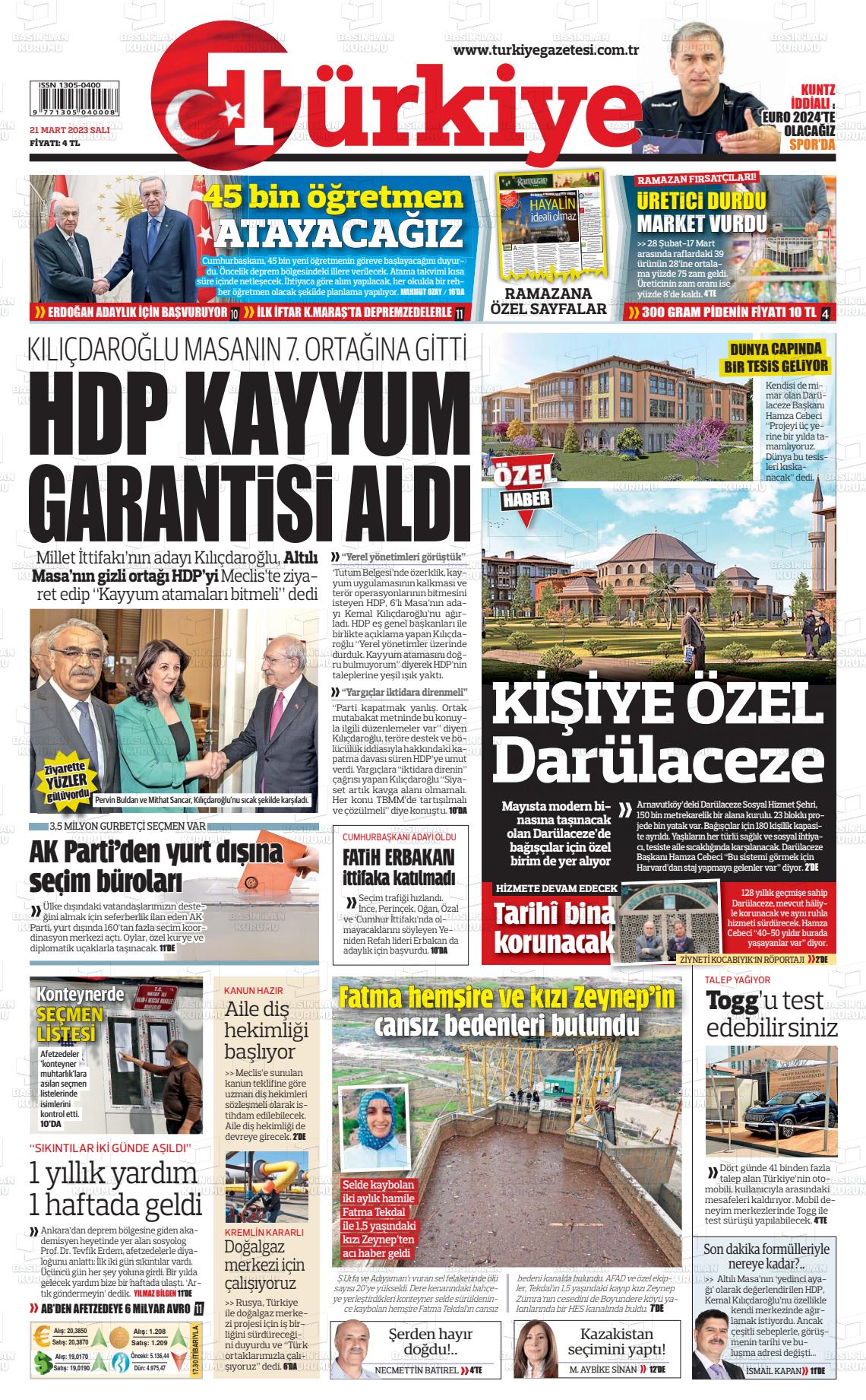 21 Mart 2023 Türkiye Gazete Manşeti