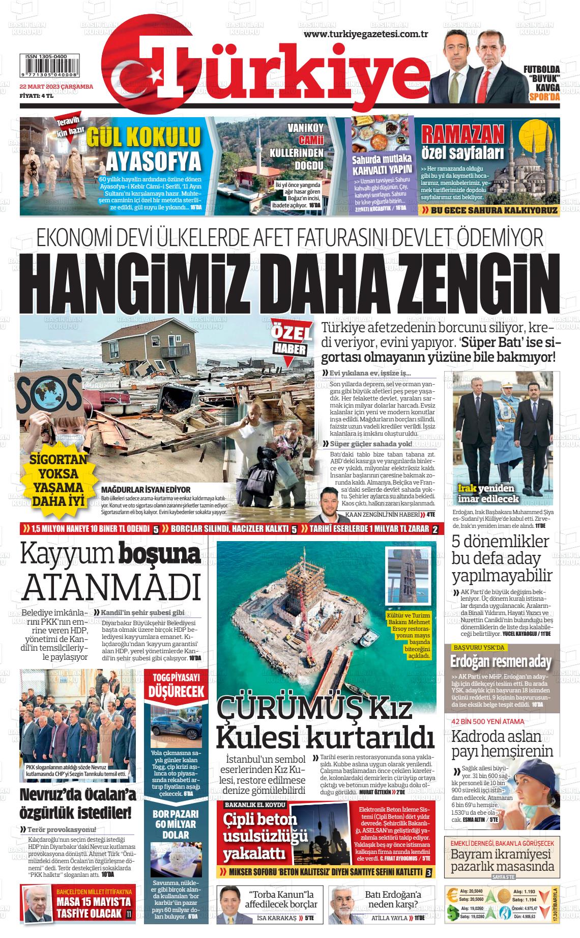 22 Mart 2023 Türkiye Gazete Manşeti