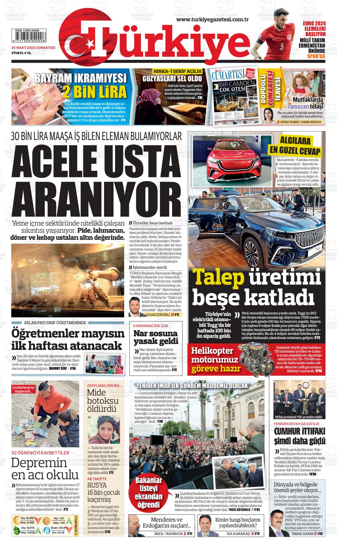 25 Mart 2023 Türkiye Gazete Manşeti