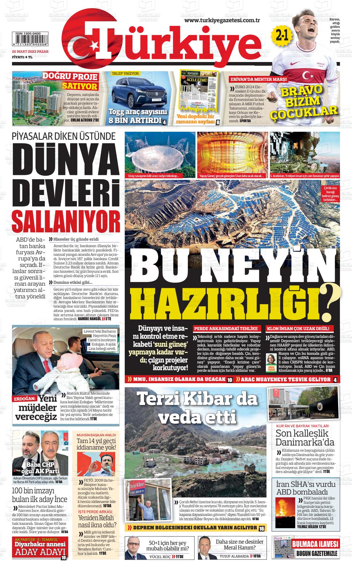 26 Mart 2023 Türkiye Gazete Manşeti