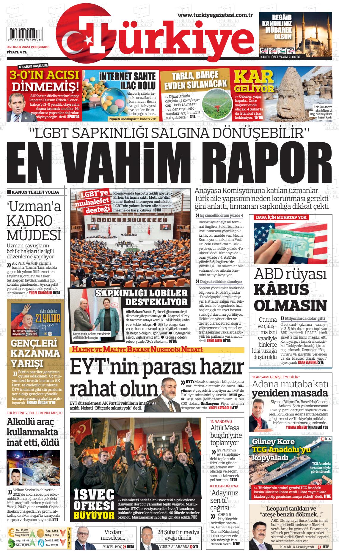 26 Ocak 2023 Türkiye Gazete Manşeti