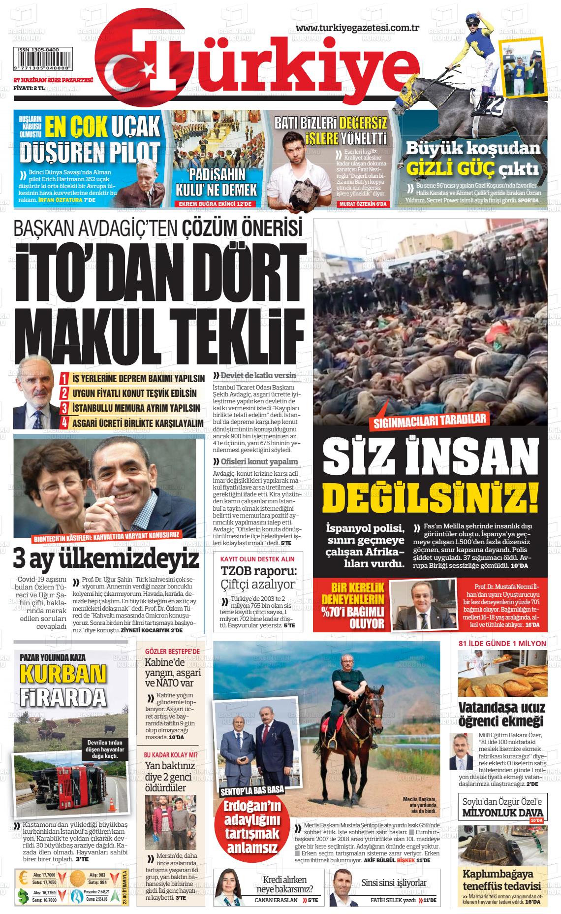 27 Haziran 2022 Türkiye Gazete Manşeti