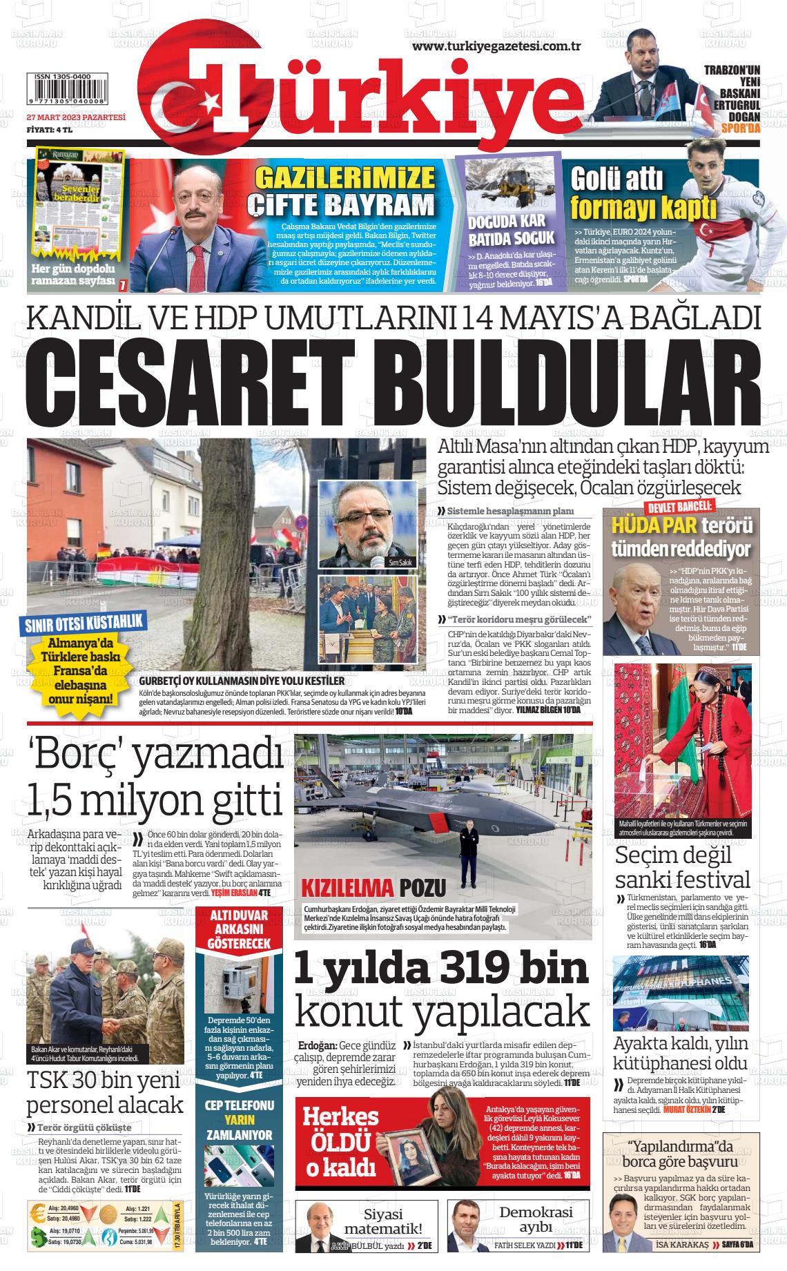 27 Mart 2023 Türkiye Gazete Manşeti