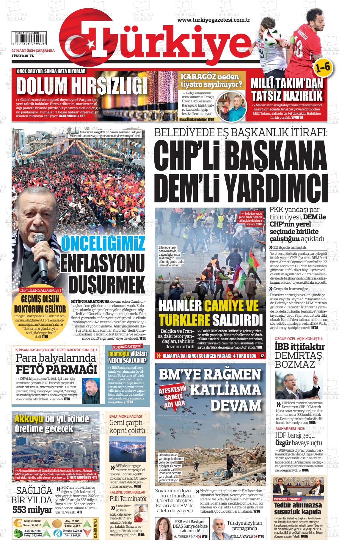 27 Mart 2024 Türkiye Gazete Manşeti