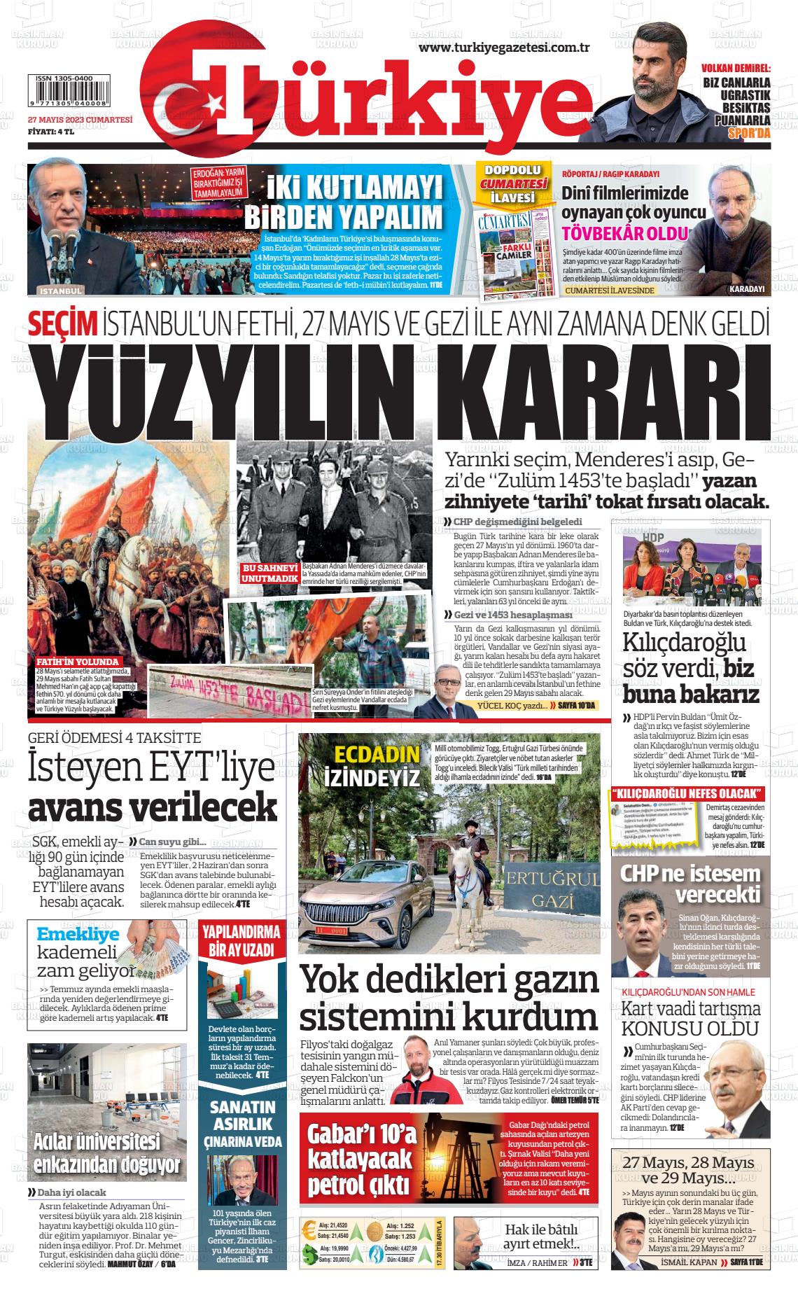 27 Mayıs 2023 Türkiye Gazete Manşeti
